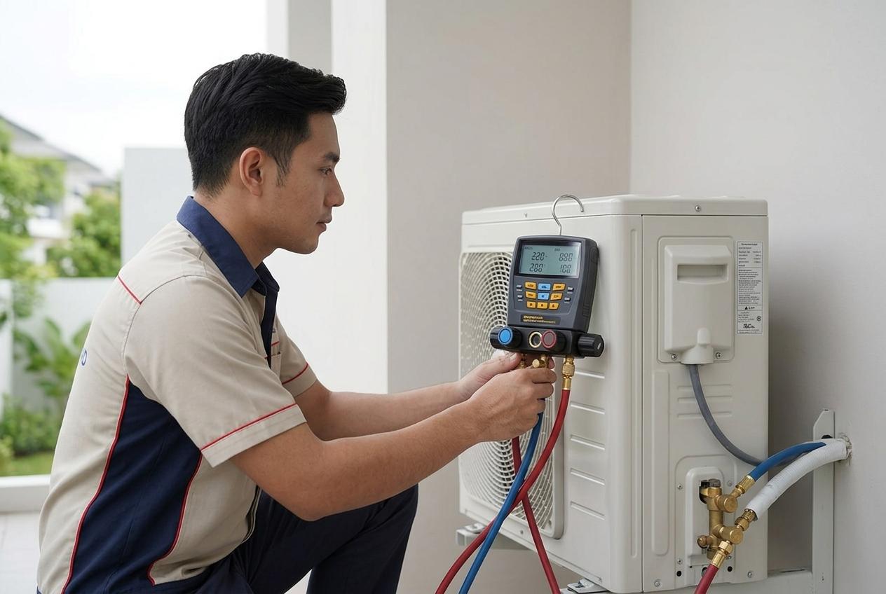 Digital manifold gauge connected to compressor
